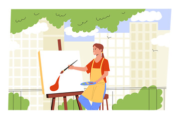 Woman painting on canvas with brush outdoors on city terrace. Creative moment urban art practice. Hobby, painting course. Flat vector illustration