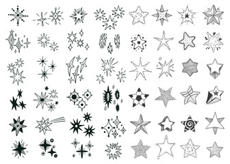 Doodle stars sparkle with different textures and shapes on white background. Hand drawn star forms fancy cosmic elements. Set of vector symbols for decoration or sticker, astrology or tattoo