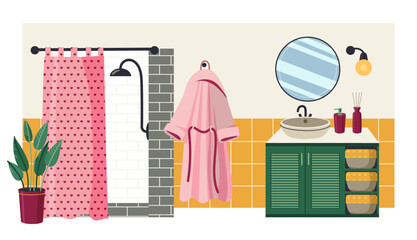 Bathroom interior with robe, vanity and mirror, shower curtain. Clean organized domestic scene for lifestyle. Flat cartoon vector illustration