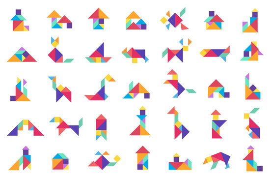 Colorful tangram puzzle shape collection of animals, houses, objects. Educational toy concept, logical brain game. Preschool, learning aid, app icon use. Flat graphic vector illustration.