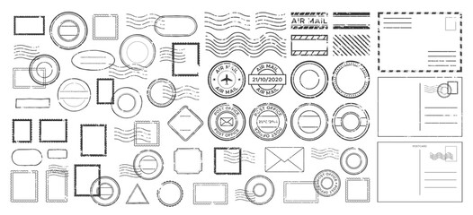 Fototapeta na wymiar Retro postmarks, stamps, envelopes and airmail signs, postcard outlines. Vintage postal theme, post office badges textured grunge ink. Collection for postal and shipping design. Vector template pack