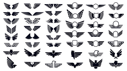 Heraldic wings and eagles emblems in variety of styles symbolizing flight, honor and strength. Shields, birds and abstract forms suitable for logos, aviation and retro insignias. Vector illustration © Tartila