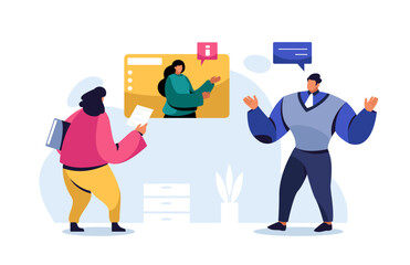 Business team collaborating on project using video conference, discussing strategy and sharing documents. Working together remotely in modern office environment. Vector illustration flat style