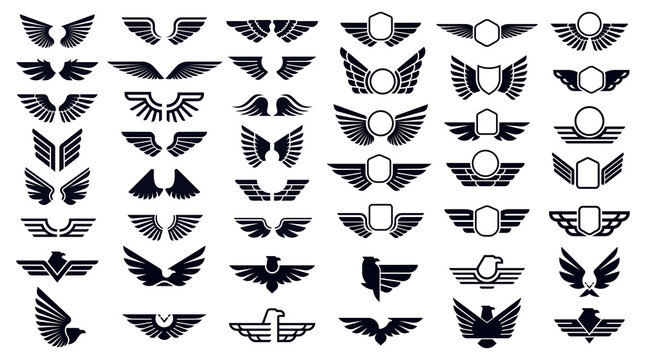 Heraldic wings and eagles emblems in variety of styles symbolizing flight, honor and strength. Shields, birds and abstract forms suitable for logos, aviation and retro insignias. Vector illustration