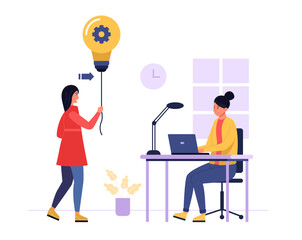 Two female colleagues collaborating in office. Woman holds light bulb with gear symbolizing innovative ideas. Creative teamwork, solution sharing concept. Business startup. Flat vector illustration