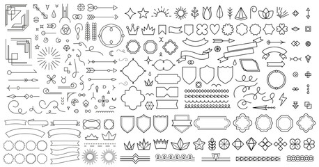 Retro linear geometric shapes borders, ribbons and arrows, frames and curls, badges, floral symbols, crowns and other decorative elements. For vintage logos and labels, certificates. Vector set