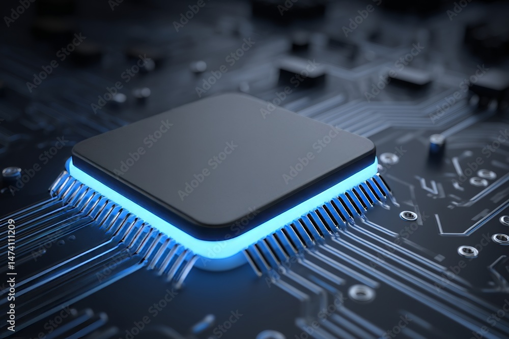 Poster a 3d illustration of a futuristic microchip city represents the fusion of computer science and infor