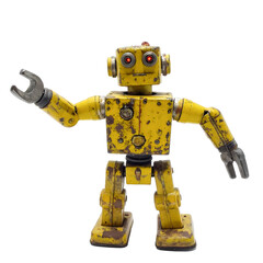 Vintage Yellow Robot: A charming, vintage-style yellow robot, constructed with a retro aesthetic, standing proudly and exhibiting a welcoming posture.