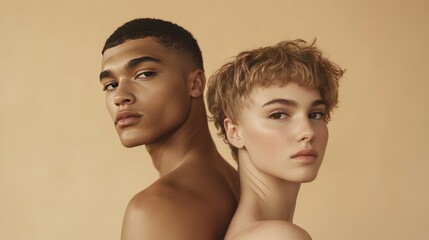 A young man and woman stand back-to-back against a warm beige background.