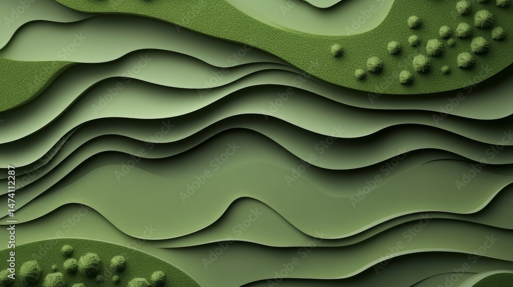 Poster green abstract paper carved background, nature-inspired layered design with smooth wave patterns