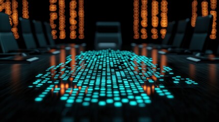 AI Power Workforce  Concept. An innovative conference room featuring a sleek table with illuminated digital art, setting the stage for dynamic business meetings and brainstorming sessions.