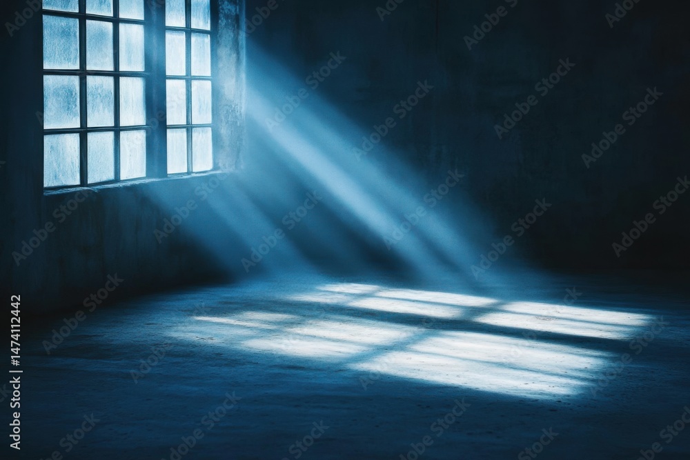 Poster light streaming through window in empty room dramatic low angle interior architecture