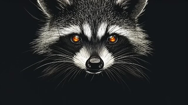 A close-up illustration of a raccoon with striking orange eyes, set against a dark background