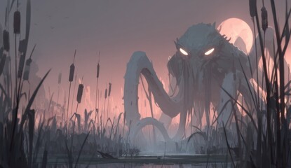 Naklejka premium A bizarre alien being with four radiant eyes inhabits the marshy terrain of a distant, misty planet, where the dim orange glow of a far-off sun illuminates a foggy swamp environment teeming with
