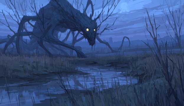 The discovery of sentient, extraterrestrial plants with tentacles and glowing eyes living in the wetlands of a hazy alien planet, set amidst a misty swamp landscape in dim cyan light, marks a