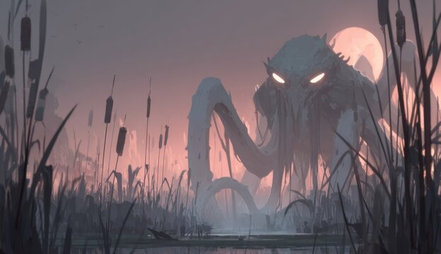 A bizarre alien being with four radiant eyes inhabits the marshy terrain of a distant, misty planet, where the dim orange glow of a far-off sun illuminates a foggy swamp environment teeming with