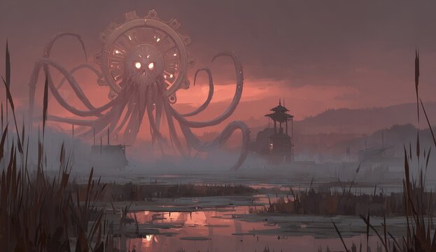 A four-eyed, extraterrestrial entity, unlike any known creature, lives on a remote, alien planet shrouded in mist, where a foggy, swampy landscape is illuminated by the faint, orange glow of a