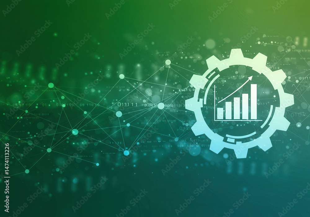 Poster abstract green background with connected dots and gear containing a rising bar graph