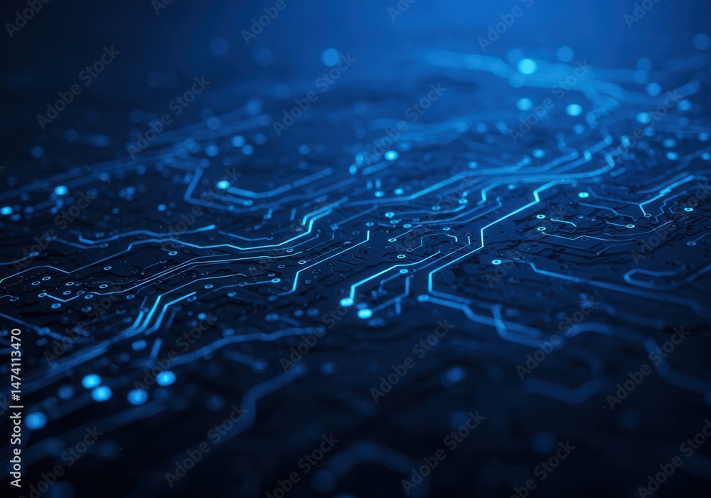 Poster abstract blue background with glowing circuit board pattern suggesting technology and connectivity