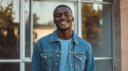 A smiling young man stands confidently at the entrance of a school building, wearing a denim jacket over a gray sweater.