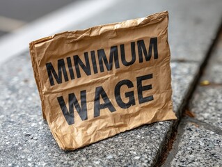 A cardboard sign with the words "MINIMUM WAGE" sits on a concrete surface, highlighting the issue of low income and labor rights.