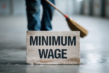 A worker sweeps the floor behind a sign that says "Minimum Wage" highlighting labor and wage issues.