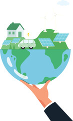 World environment, renewable and sustainable development concept, Hand holding a green globe with wind turbine, solar call, eco-friendly and green technology.