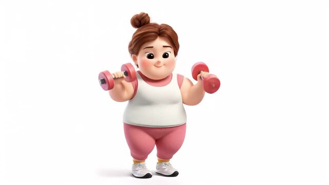 Plus-size 3d cartoon women in a  workout session, gym dumbbell workout on a white background, bodyfat burning.