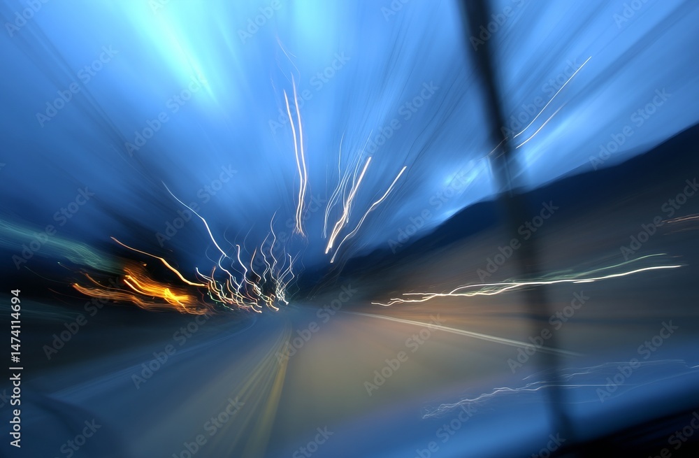 Poster digital information rushes along the road, its motion blurred, conveying the notion of swift data tr