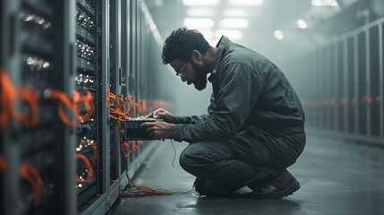 Server Room Technician Repairing Network.