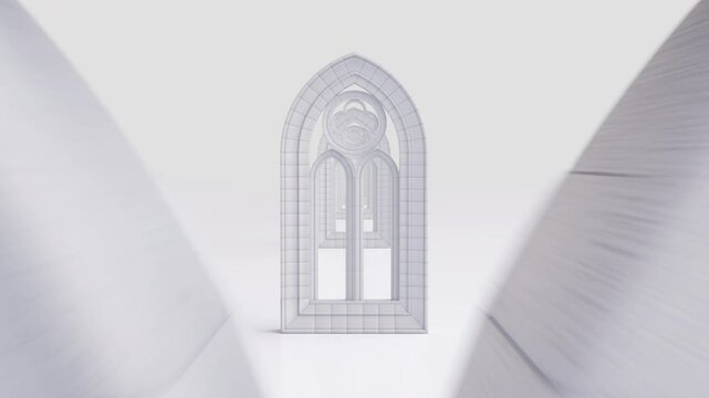 4K 3D seamless fly-through of layered gothic windows forming an endless architectural passage. Camera moves smoothly through arched frames in a bright minimalist space with clean geometric detail.