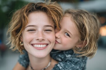 Fototapeta premium A cute girl kid and her mother are seen playing together outside in a heartwarming outdoor scene, symbolizing a happy family on Mother's Day, highlighting motherhood and childhood