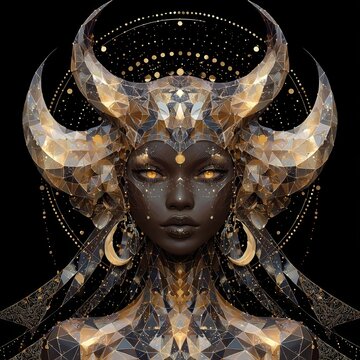 The image features a futuristic, abstract alien or extraterrestrial model, distinguished by its golden hair, eyes, and lips, looking peacefully at the camera, with a circular shape of futuristic