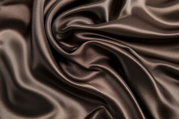 Luxurious dark brown fabric drapes in soft folds.  Close-up view of flowing, smooth, and glossy textile
