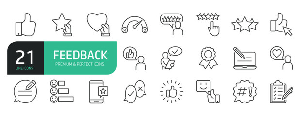 Set Of Feedback Line Icons. Set contains such icons as Feedback, Rating, Like, Testimonial, Comment.
