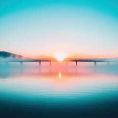 Obraz premium Serene Bridge at Sunrise Reflecting on Calm Water Surface in Foggy Morning Landscape View