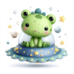 A cartoon alien that is cute is waving from a UFO set against a white background
