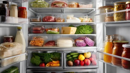 Refrigerator interior featuring well-stocked dairy, meats, fresh produce, and condiments arranged by category