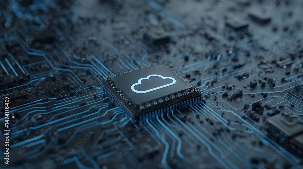 Poster abstract two-tone cloud computing icon design symbolizes network connectivity, data flow, and digita
