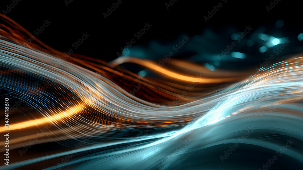 Poster abstract glowing wavy lines on a dark background create a modern futuristic backdrop design