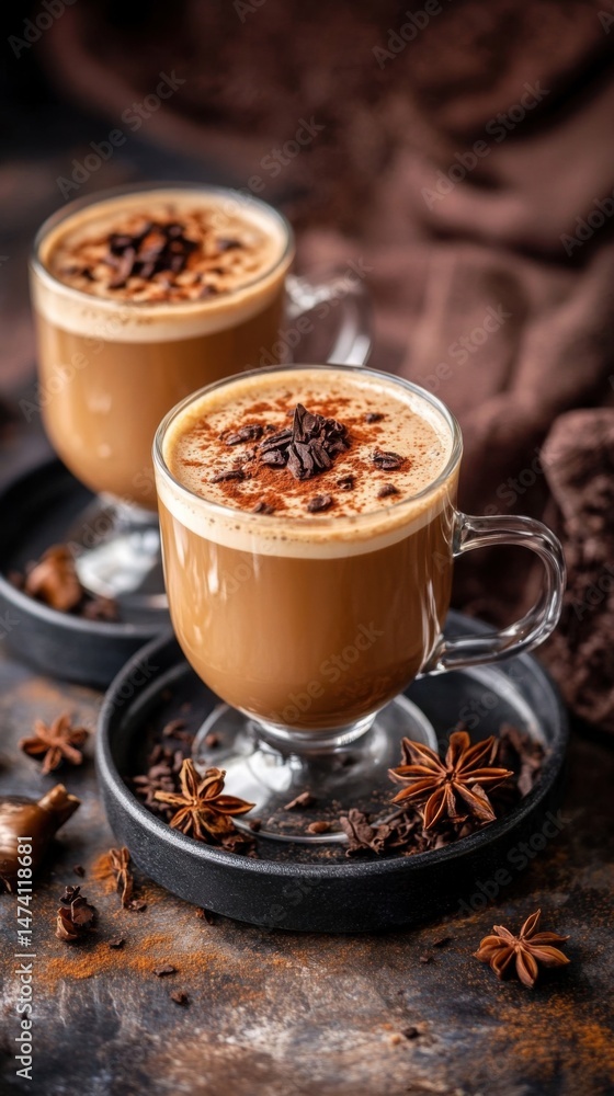 Poster two glasses of spiced latte with chocolate shavings on dark surface in studio shot with shallow dept