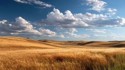 Rolling hills covered in golden wheat, under a bright summer sky with scattered fluffy clouds