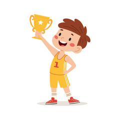 Cute little boy in sportswear holding a golden trophy cup, cartoon vector Illustration