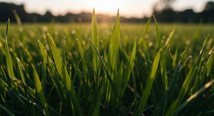 A fresh green wheat field sways gently in the summer breeze under a blue sky, a beautiful natural landscape
