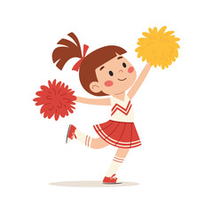 Cheerleader with pompoms. Cute little girl cheerleader cartoon character vector Illustration