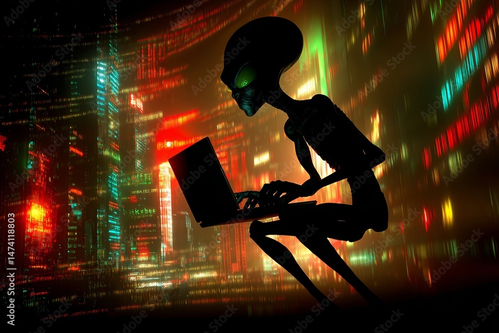 Aufkleber a humanoid figure from the future engages with a radiant computer within a virtual world