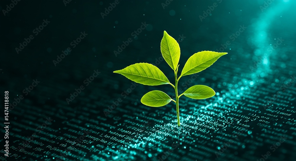 Poster green sprout emerging from a page of code: concept of sustainable technology and growth in the digit