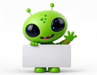 Peeking over a sign and waving is a charming, little green man who is a Martian cartoon character