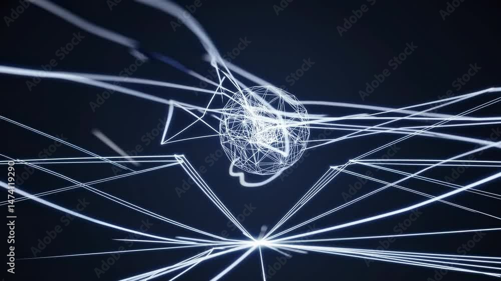 Poster white sphere connecting with glowing lines moving on dark background, forming a complex network