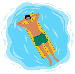 Man floating on inflatable mattress in water top-down view. Summer vacation concept, Colorful flat vector illustration in minimalist style, directly above, isolated on transparent background